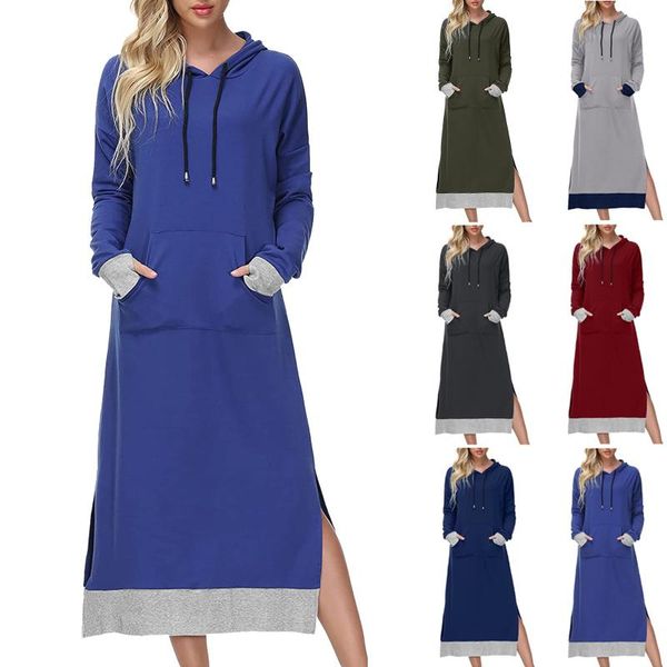 

casual dresses 2021 women's fashion sweatshirt dress vestidos autumn spring hooded long sleeve pockets pullover loose maxi femme robe, Black;gray