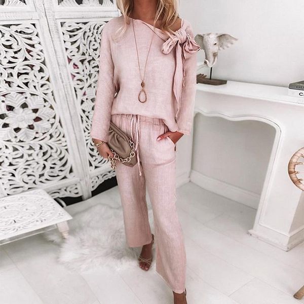 

women's two piece pants casual women o-neck lace up housewear set autumn long sleeve pullover & trousers suits elegant solid femme out, White