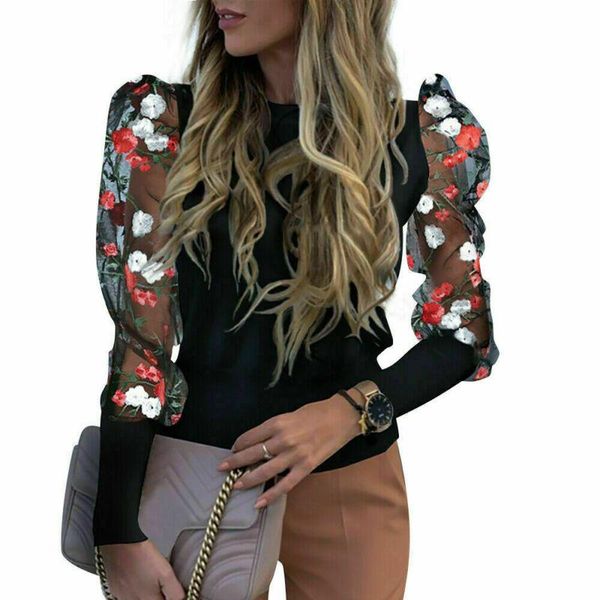

women's blouses & shirts patchwork floral see-through sheer mesh puff long sleeve embroidered round neck slim fit blouse splicing, White