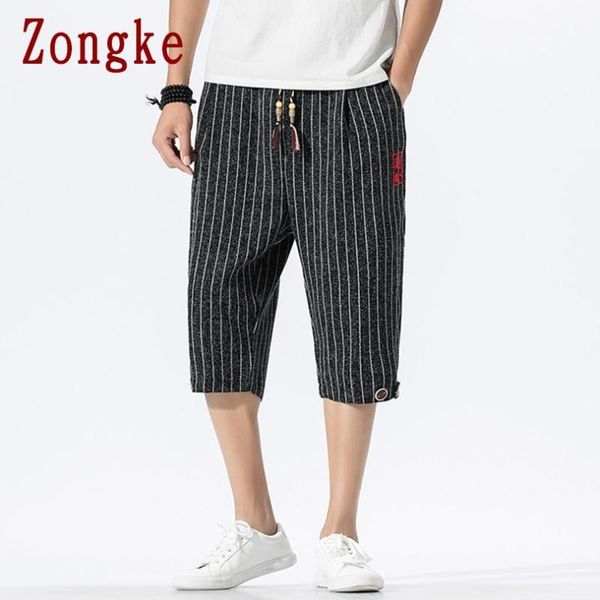 

men's pants zongke 2021 stripes casual linen men trousers joggers sweatpants hip hop streetwear male plus size m-5xl, Black