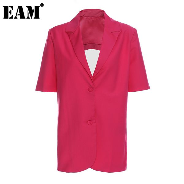 

[eam] women rose red hollow out pleated blazer lapel short sleeve loose fit jacket fashion spring summer 1dd7366 210512, White;black