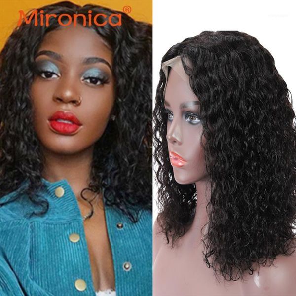 

water wave wig human hair wigs short bob brazilian 4*4 lace front 150% density 10-24 inch for black women in mironica1, Black;brown