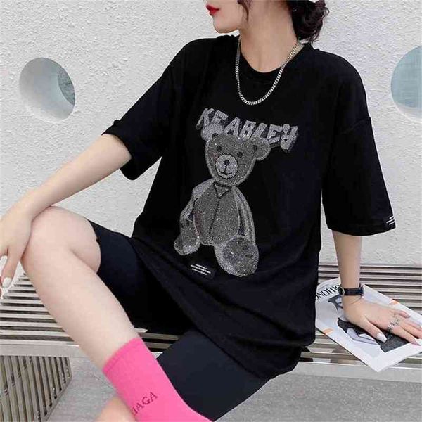 

harajuku women t-shirt mid-length little bear drilling female summer loose short-sleeved t-shirts y2k 210507, White