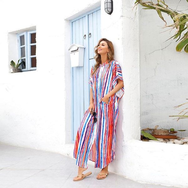 

women's swimwear women button up loose beach shirt dress rainbow vertical striped print swimsuit cover maxi long robe kaftan beachwear, White;black