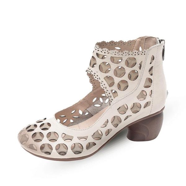 

sandals women's ethnic style retro leather mid-heel roman shoes shallow mouth high-back zipper hollow casual trend, Black