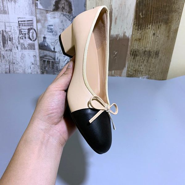 

bow ballet heels shoes woman basic 2021 summer slip-on two color stitching mid heel work shoe fashion party black dress