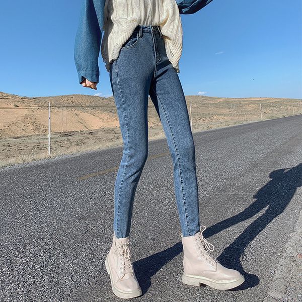 

2021 autumn korean elastic jean's casual large ny pencil leggings, Blue