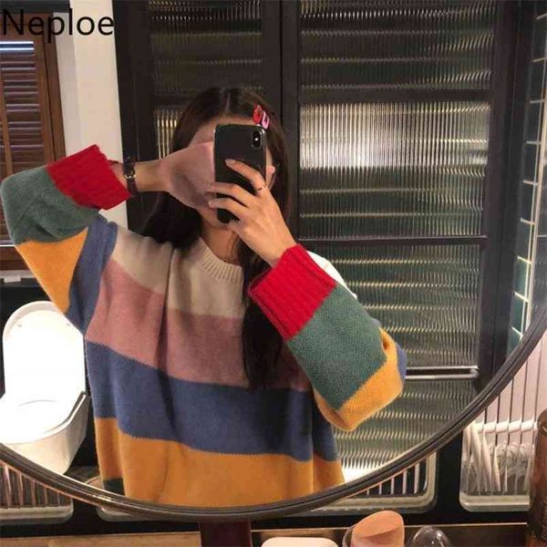 

korean o neck pullovers color striped long sleeve knit bottom sweater women loose soft pull femme hiver 46730 210422, White;black