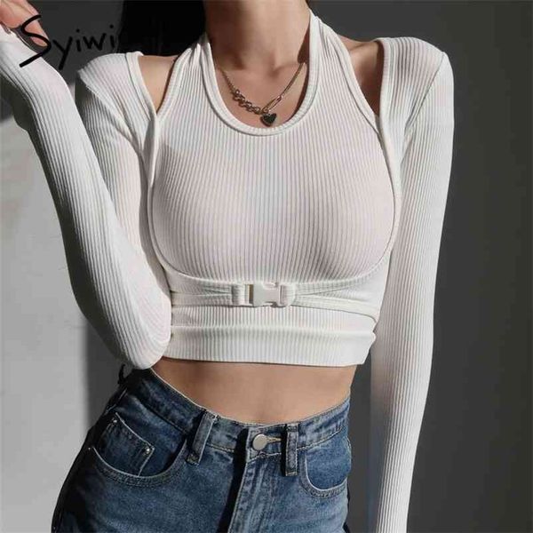 

syiwidii 2 pieces set women kintted long sleeve crop t shirt halter woman tshirts black white elastic slim tees 210722