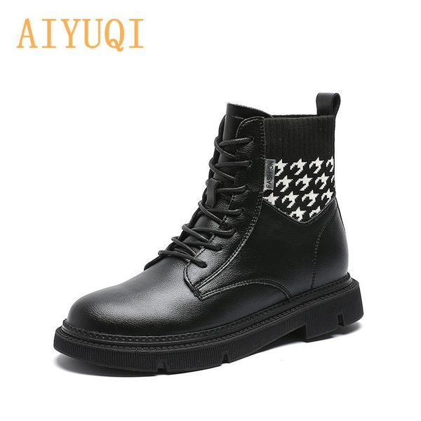 

boots aiyuqi ankle women autumn splicing casual british thick-soled genuine leather short, Black