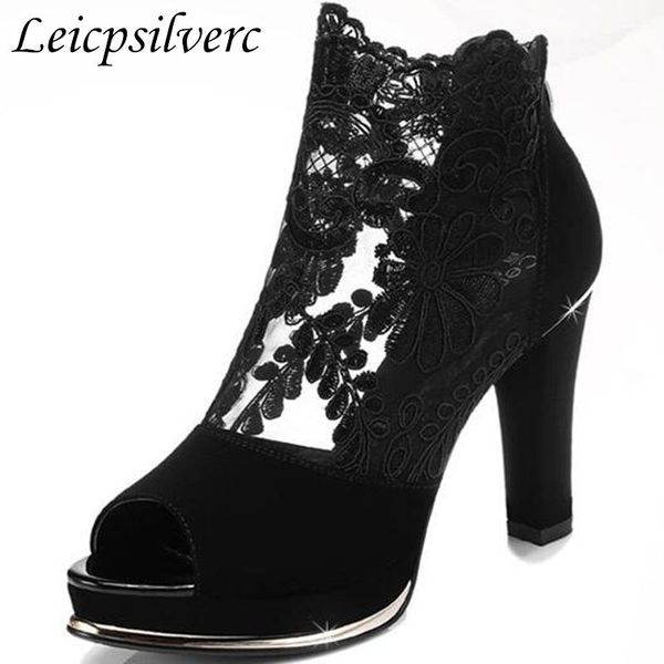 

women sandals fashion spring summer lace air mesh peep toe zip high heels platform party casual shoes black red
