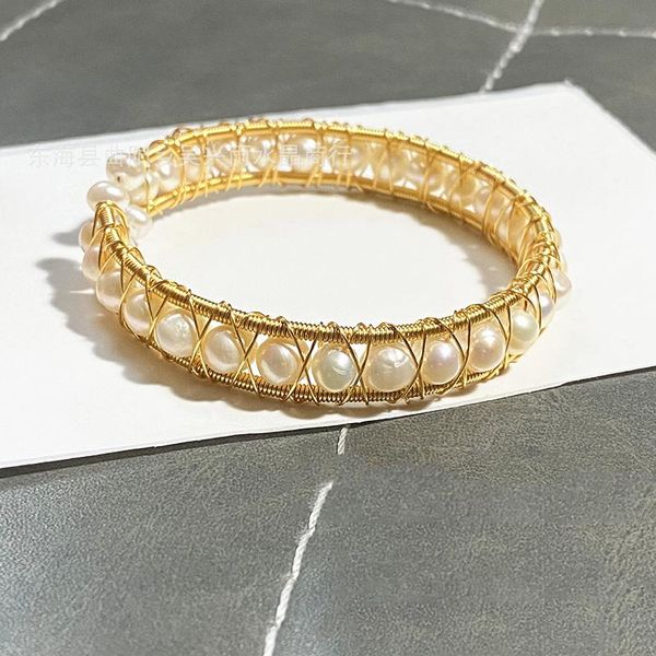 

bangle graceful freshwater natural pearls geometric cuff bracelets vintage handmade copper wire strand golden female wedding bracelet, Black