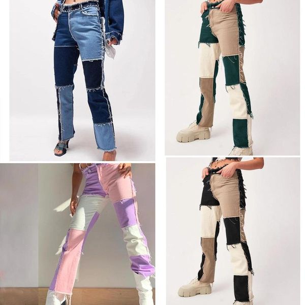 

women's pants & capris pink patchwork jeans aestietic streetwear hippie contrast stitch blue high waist casual 2021 distressed, Black;white