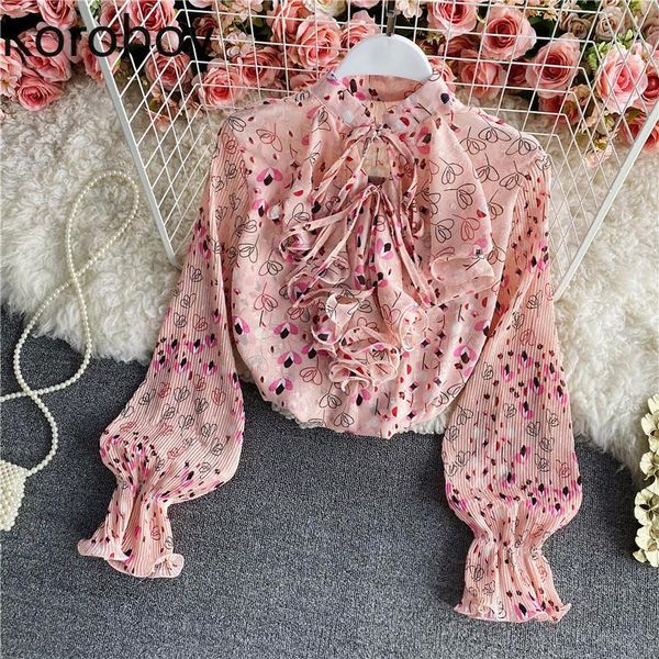 

korobov ruffle patchwork shirts women stand collar long sleeve floral printed korean sweet blouse female 2021 chic blusas women's blous, White