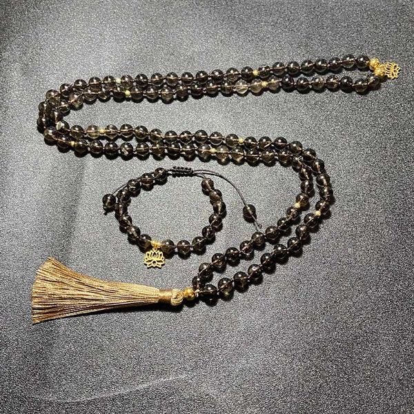 

pendant necklaces 8mm natural smokey quartz beaded knotted mala necklace meditation yoga healing jewelry bracelet set 108 japamala lotus ros, Silver