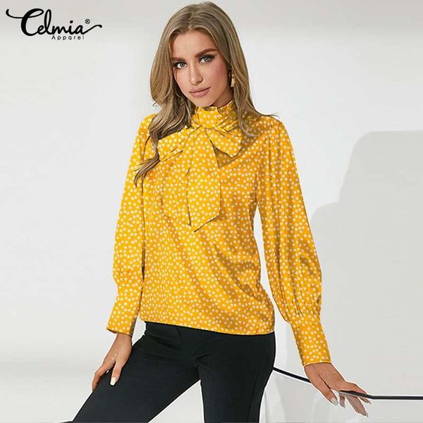 

women's blouses & shirts fashion long lantern sleeve satin blouse 2021 celmia autumn floral print bow tie retro tunic elegant office f, White