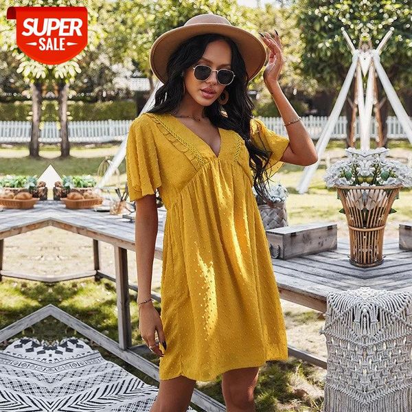 

Spring Summer Sexy V Neck Solid Dress Women Casual High Waist Jacquard Short Sleeve Dress For Women New Fashion Loose #NG0F, White;black