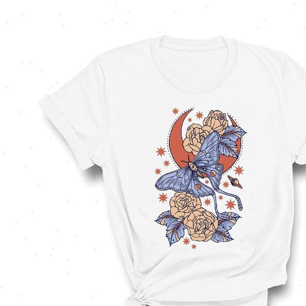 

butterfly cartoon aesthetic flower floral women clothing print graphic tee, White