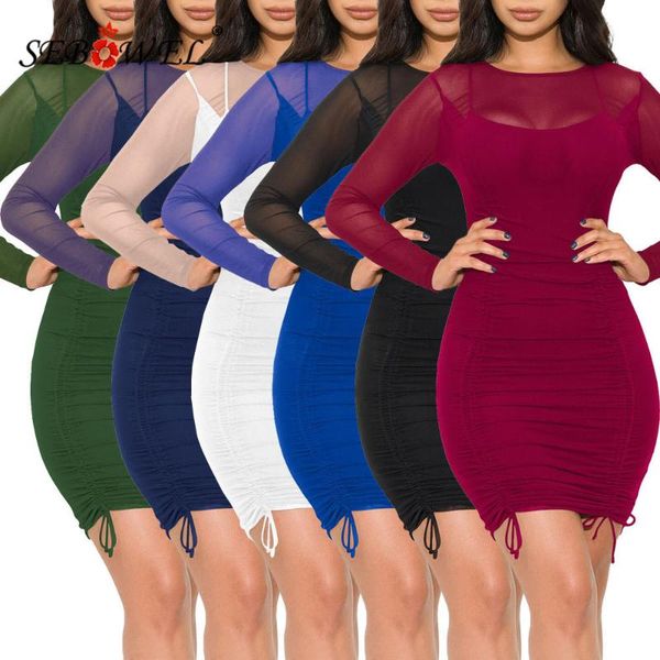 

women long sleeve sheer mesh bodycon dresses for party club night lady folds bandage dress + sleeveless sundress 2pcs casual, Black;gray