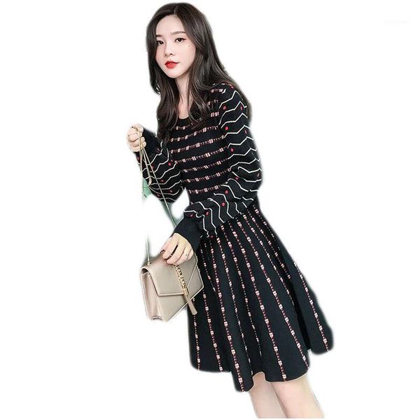 

casual dresses korean dress women autumn winter ruffles long sleeve a-line knit vintage elegant ladies fashion slim sweater e451, Black;gray