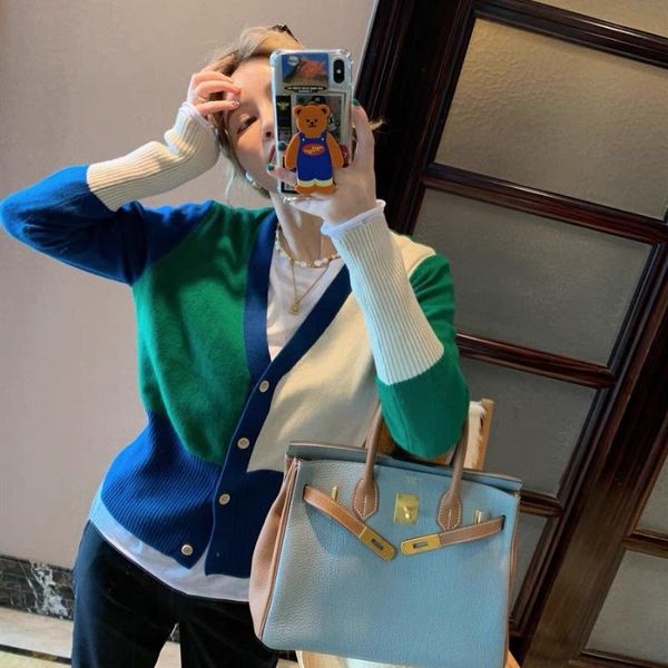 

women's knits & tees 2021 autumn winter knitted cardigan sweater women patchwork design v neck long sleeve knitwear casual loose outwea, White