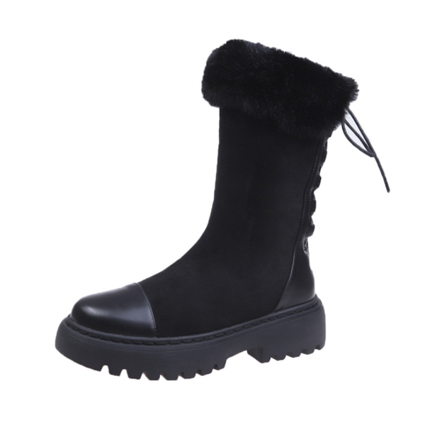 

boots winter women's warm snow british style mid-tube back lace-up platform, Black