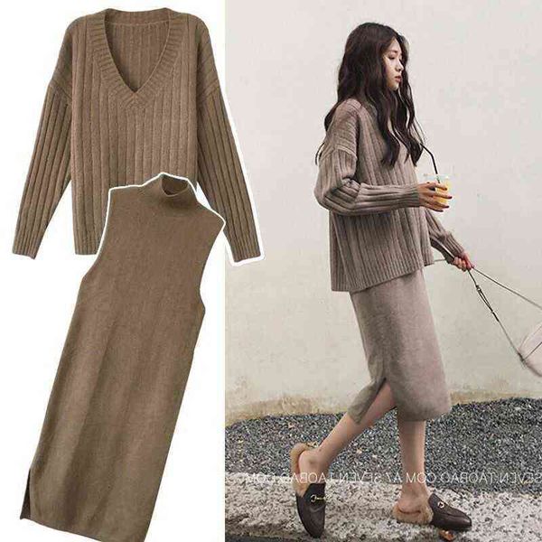 

casual dresses 2022 knitted foreign style suit large women's early autumn temperament sweater two piece set fashion, Black;gray