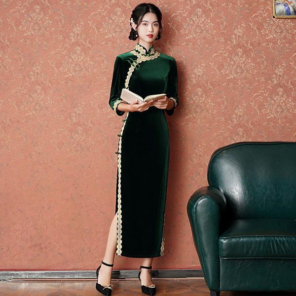 

ethnic clothing lace mandarin collar long qipao high split velour cheongsam sheath evening party dress gown women vintage button vestid, Red