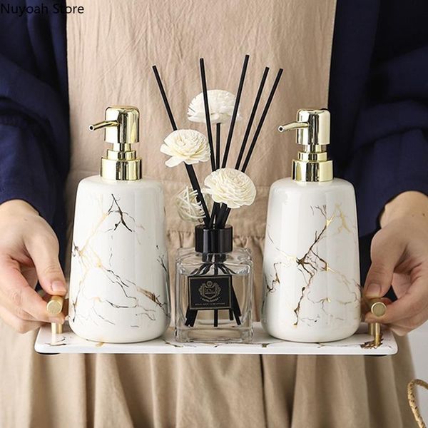 

golden marble ceramic bathroom decoration accessories soap dispenser tray mouthwash cup light luxury toiletries bath accessory set