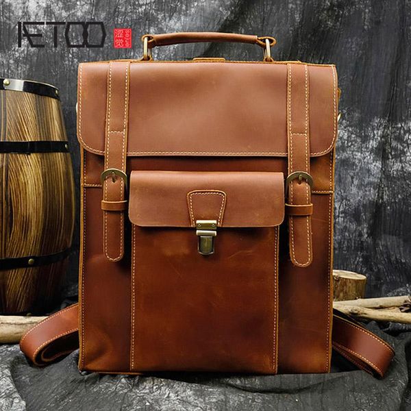 

backpack aetoo retro men's backpack, flap crossbody bag, crazy horse leather