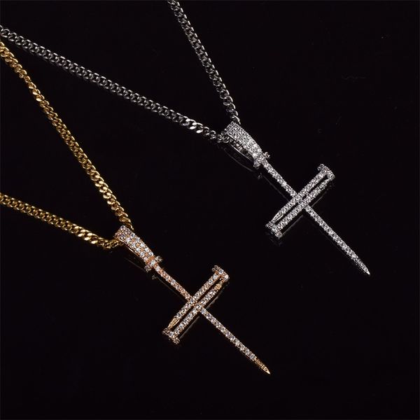 

man/women nail cross necklace pendant hip hop jewelry bling ice out cubic zircon cuban/rope chain for gift 95 l2, Silver