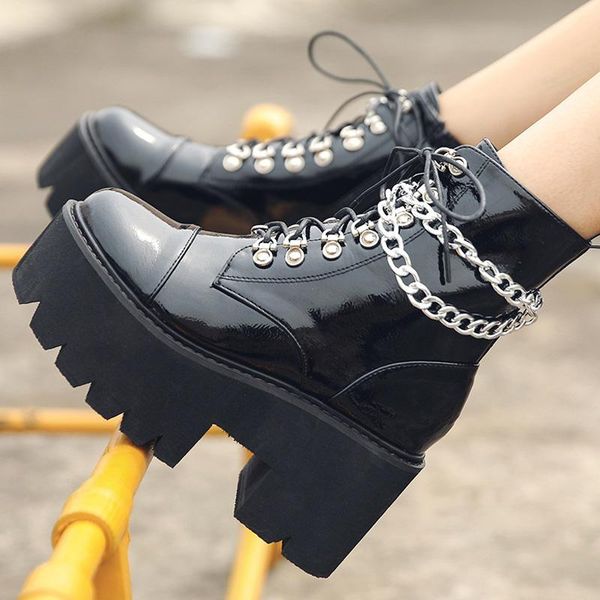

boots patent leather gothic black women chain decoration platform punk style female chunky heel lace up ankle