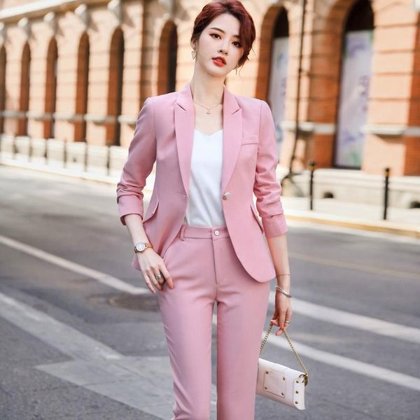 

autumn winter suit women 2021 fashion slim oblique pocket pink yellow green blazer coat office lady elegant pant suits women's & blazer, White;black