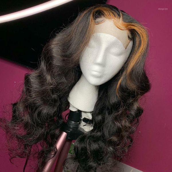

loose curly wigs 13x4 lace front highlight blonde brazilian virgin human hair 180% density 13x1 t part1, Black;brown