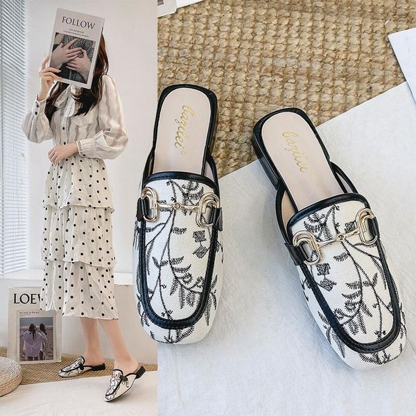 

slippers elegant low heel women mules summer ladies slip on leisure office shoes beige pumps female zapatillas mujer, Black
