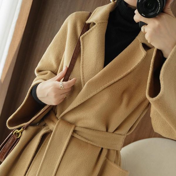 

women's wool & blends autumn and winter high-end water ripple double-sided cashmere coat medium long temperament wide woolen, Black