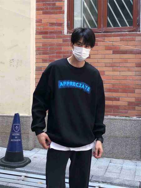 

men's t-neck pullover, loose shirt, matching, simple, with printed letters, korean version, ins, autumn, Black