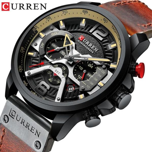 

wristwatches men's watch curren sport watches genuine leather waterproof chronograph military men luminous clock date, Slivery;brown