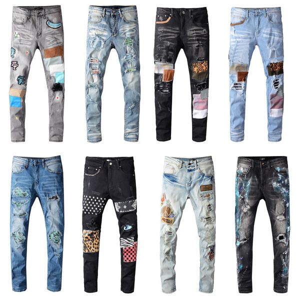

patches detail biker fashion fit jeans men black slim motorcycle for mens vintage distressed denim jean pants hole hip hop trousers, Blue