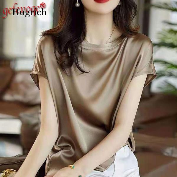 

women's blouses & shirts satin 2021 women summer fashion clothing elegant solid office lady short sleeve o neck plus size basic tees t, White