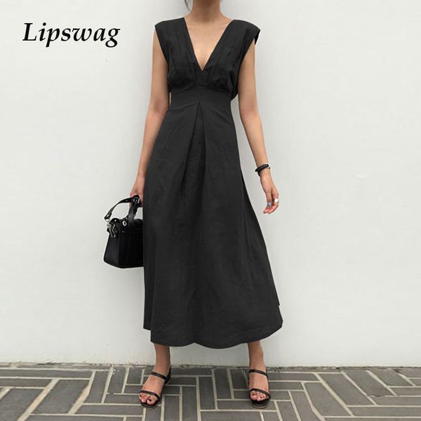 

women elegant high waist long dress deep v neck pleated lady party dresses spring summer casual sleeveless loose dress 2021high quality, Black;gray