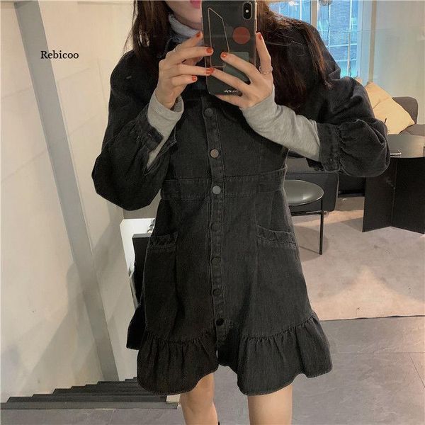 

casual dresses spring korean version retro design denim shirt dress women plus size turn down collar short sleeve with pockets, Black;gray