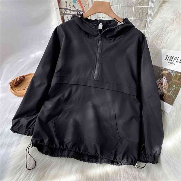 

spring clothes lazy style women's black half zipper hooded sportswear 210809