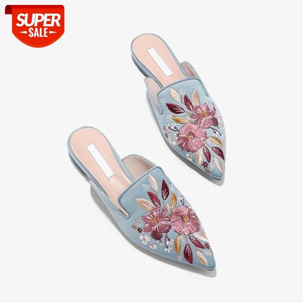 

women's mules summer flower embroidery ponited toe half slippers female elegant ladies office shoes flat slides #li1s, Black