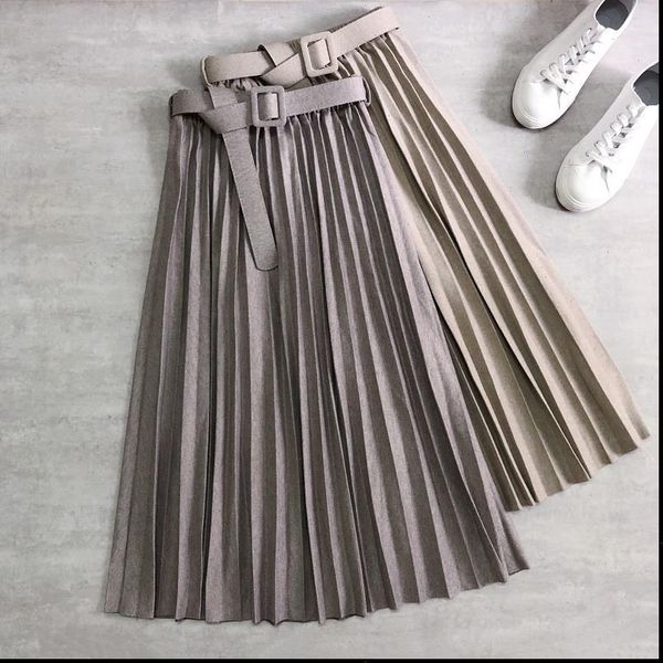 

winter pleated belt heavy woolen women skirt thick herringbone midi sashes office lady high waist a line long, Black