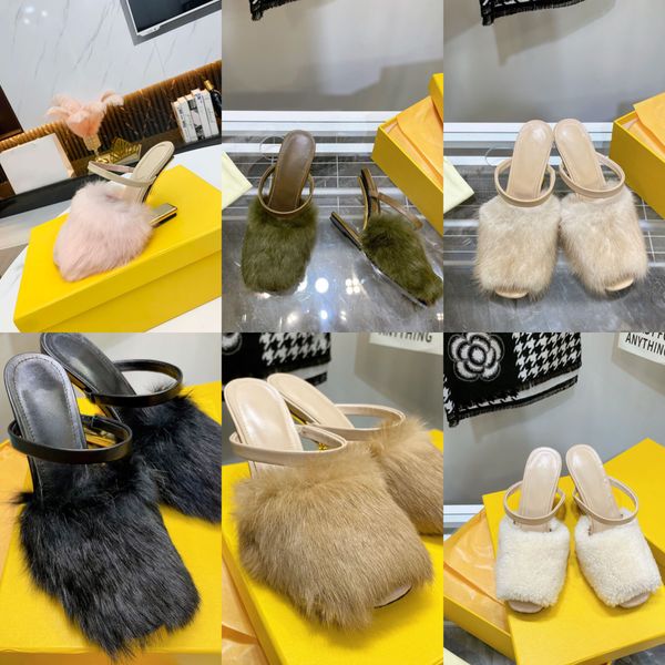 

2021 classic women's special-shaped heel slippers mink fur material multi-color fashion versatile size 35-42 slim heels,bridal pump hee, Black