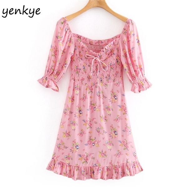 

women sweet pink floral print lantern sleeve square neck hem ruffle a-line mini dress female summer elegant party 210514, Black;gray