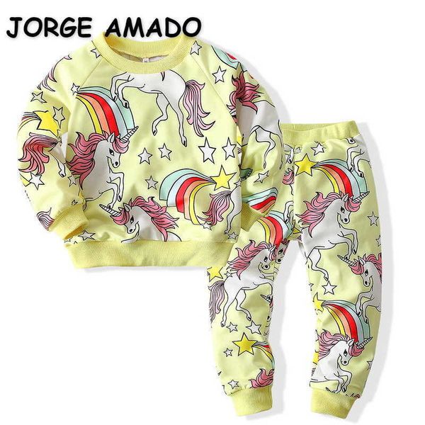 

spring girls unicorn outfits 2-pcs sets cartoon sweatershit + sports pants children clothes e3159 210610, White
