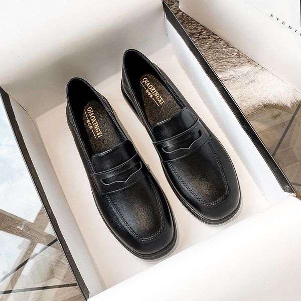 

dress shoes 2021 spring and autumn fashion women's leather heel black metal design single shoe loafers large size 41-44