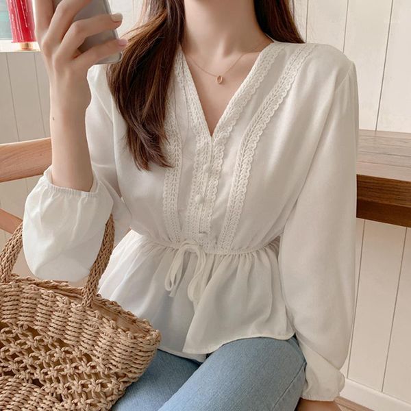 

women's blouses & shirts v-neck white blouse sashes casual woman clothes 2021 fall lace long sleeve shirt women chemisier femme